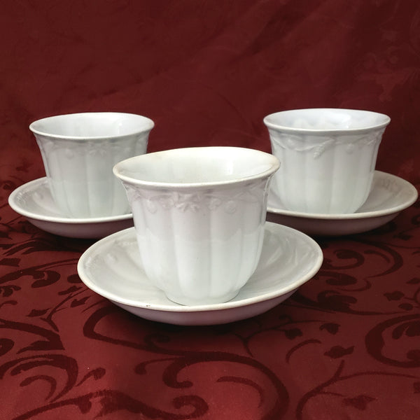 Antique White Ironstone Handleless Cups and Saucers Wheat Clover Turner & Tomkinson