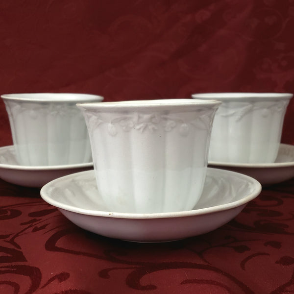 Antique White Ironstone Handleless Cups and Saucers Wheat Clover Turner & Tomkinson