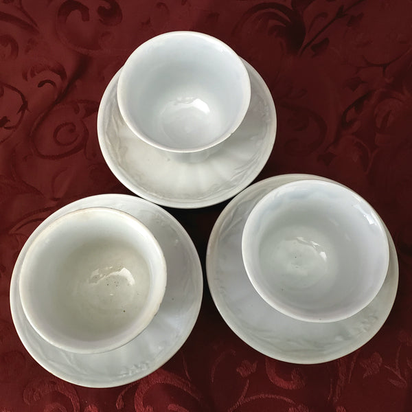 Antique White Ironstone Handleless Cups and Saucers Wheat Clover Turner & Tomkinson
