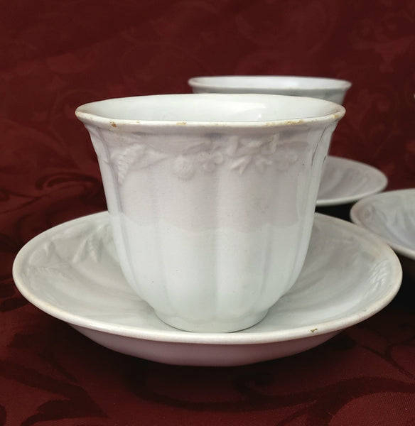 Antique White Ironstone Handleless Cups and Saucers Wheat Clover Turner & Tomkinson
