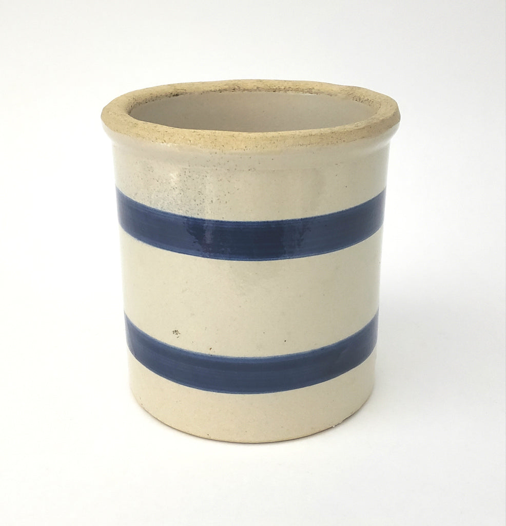 Vintage Small Salt Glazed Stoneware Crock Double Blue Bands