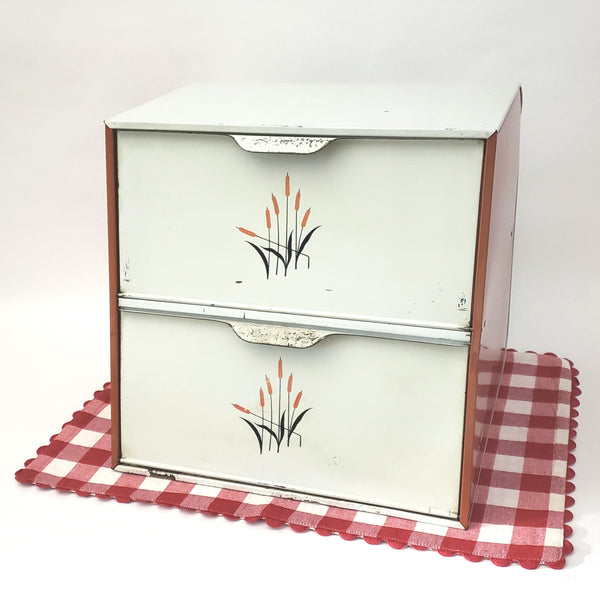 Vintage Metal Bread Box CATTAIL Pattern Two Tier Doors Cream and Red 1930s -1950