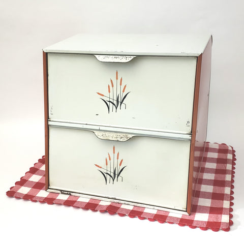 Vintage Metal Bread Box CATTAIL Pattern Two Tier Doors Cream and Red 1930s -1950