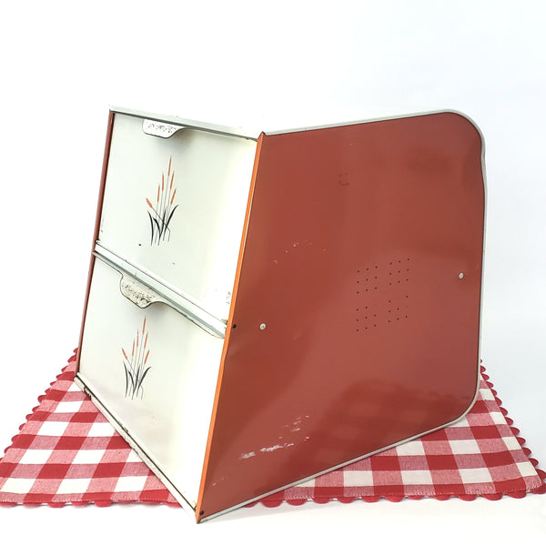 Vintage Metal Bread Box CATTAIL Pattern Two Tier Doors Cream and Red 1930s-1950s
