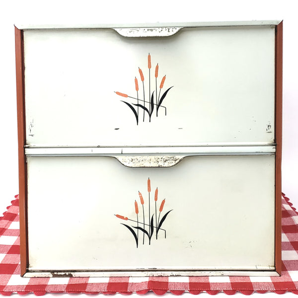 Vintage Metal Bread Box CATTAIL Pattern Two Tier Doors Cream and Red 1930s-1950s
