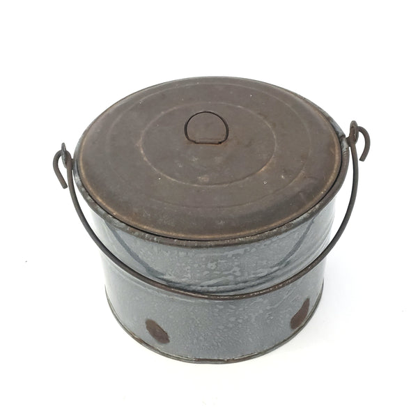 Antique Country Farmhouse Enamel Berry Bucket Lid and Bail Handle