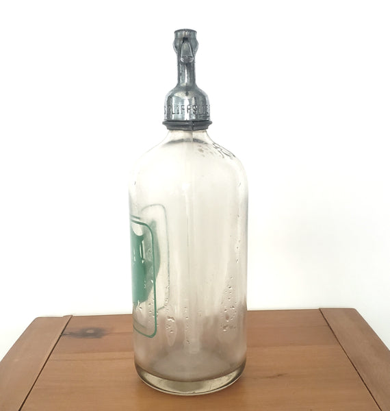 Vintage MIAMI DRY Clear and Green Glass Siphon Seltzer Bottle Sparkling Water