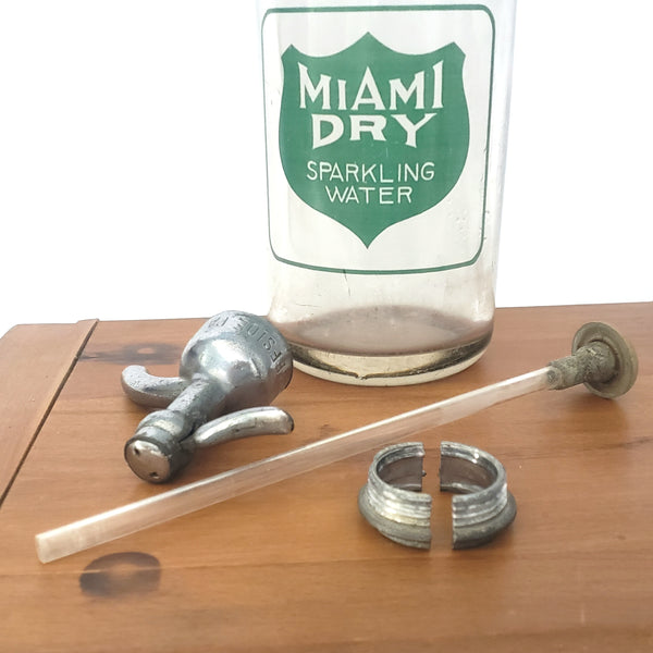 Vintage MIAMI DRY Clear and Green Glass Siphon Seltzer Bottle Sparkling Water