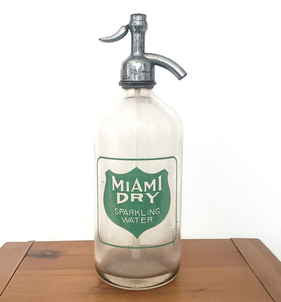 Vintage Miami Dry Clear and Green Glass Siphon Seltzer Bottle