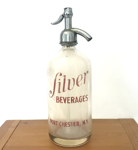 Vintage SILVER BEVERAGES Siphon Seltzer Bottle Clear & Red Port Chester New York