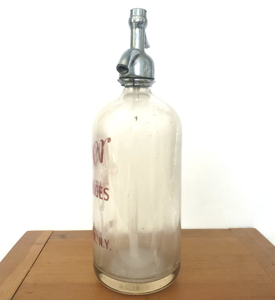 Vintage SILVER BEVERAGES Siphon Seltzer Bottle Clear & Red Port Chester New York