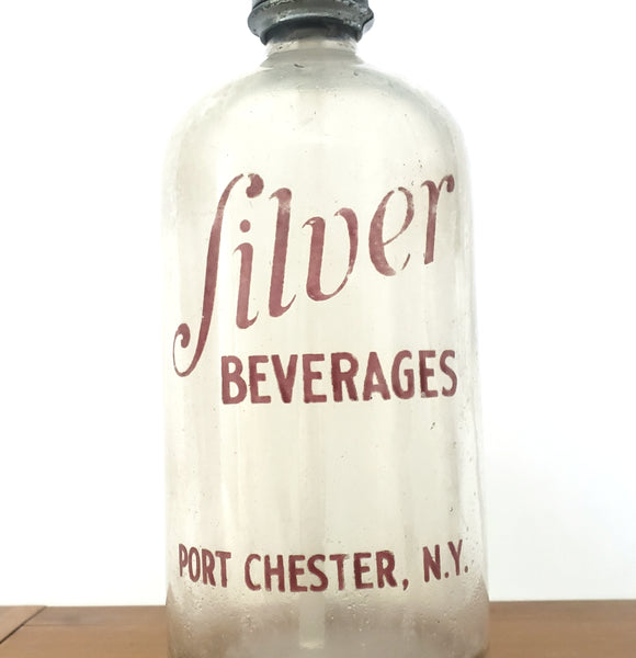 Vintage SILVER BEVERAGES Siphon Seltzer Bottle Clear & Red Port Chester New York