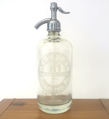 Vintage H. FRIEDMAN Siphon Seltzer Bottle Clear with Etching Philadelphia PA