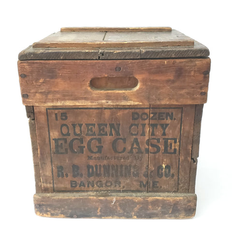 Antique QUEEN CITY Wooden Egg Case Box Hinged Lid RB Dunning Bangor Maine
