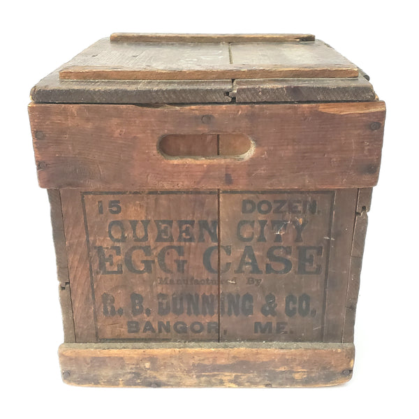 Antique QUEEN CITY Wooden Egg Case Box Hinged Lid RB Dunning Bangor Maine