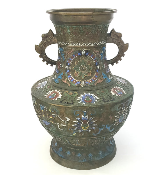 Large Vintage Japanese Champleve Vase Enamel over Brass 19 inch 1930s