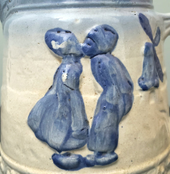 Antique Salt Glazed Blue Stoneware Pottery Pitcher Dutch Girl & Boy Kissing