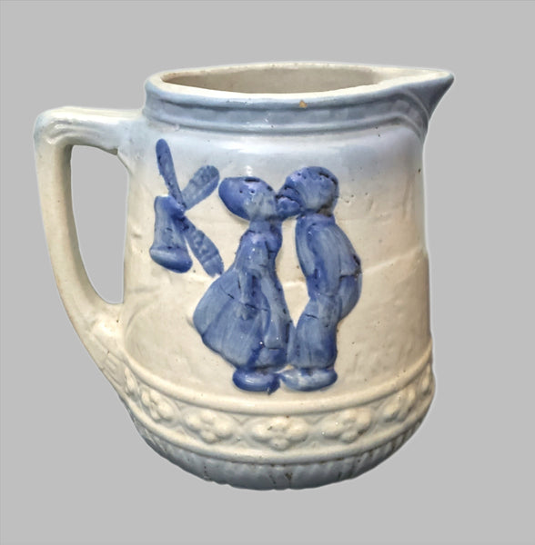 Brush McCoy Salt Glazed Blue Stoneware Pottery Pitcher Dutch Girl & Boy Kissing