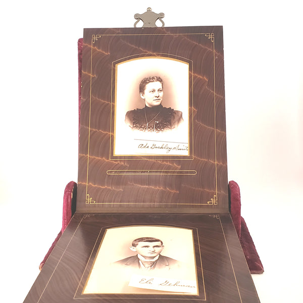 Antique Victorian Red Velvet Photo Album on Stand with 35 Portrait Cabinet Cards  c. 1882