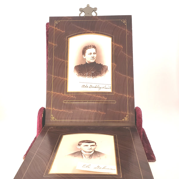 Antique Victorian Red Velvet Photo Album with Portrait Cabinet Cards with Names