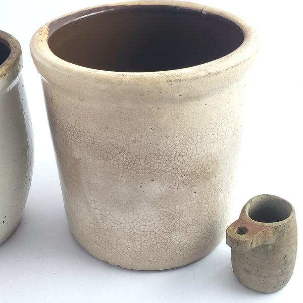 Old Stoneware Glazed Crocks and Miniature Measuring Cup Collection of 3
