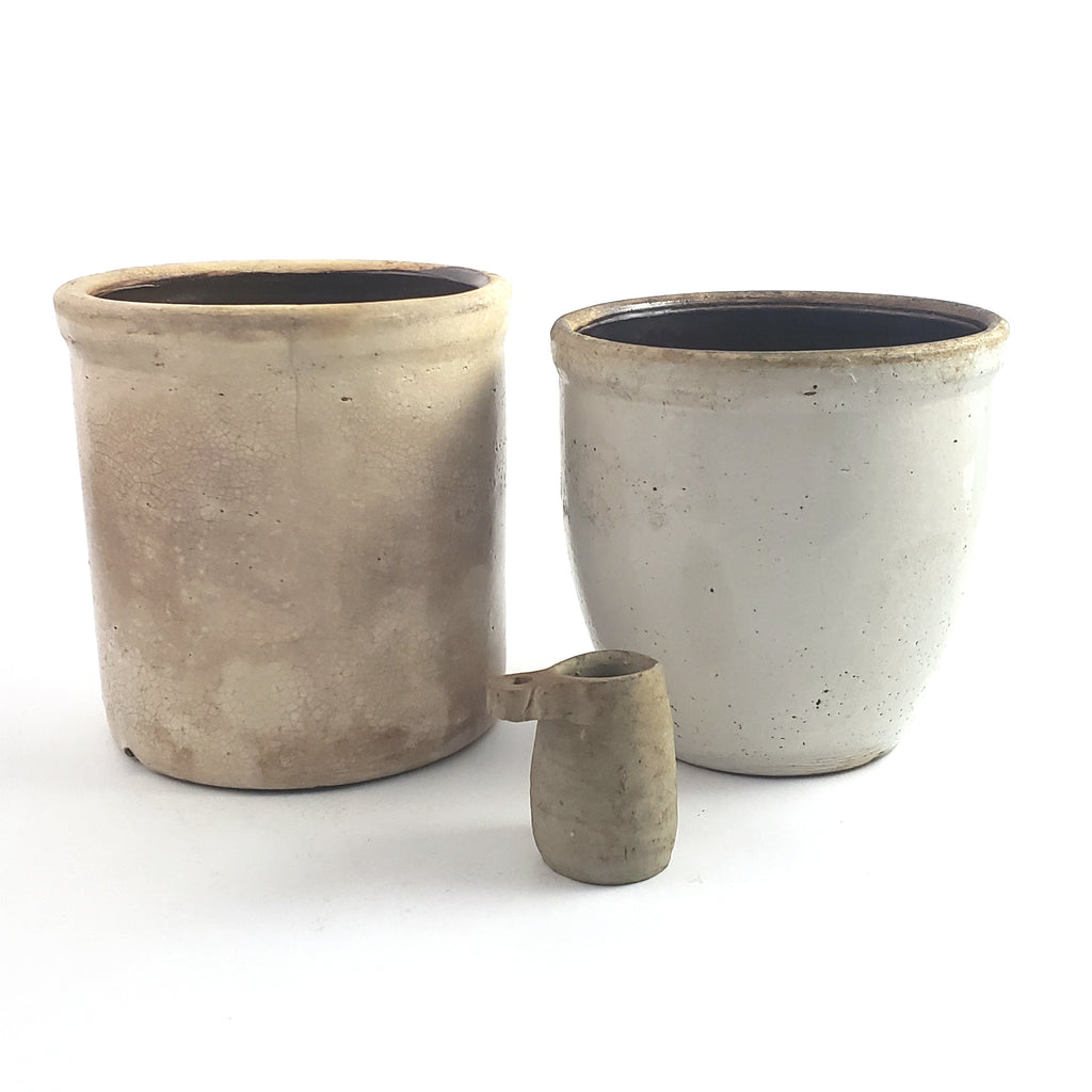 Old Stoneware Glazed Crocks and Miniature Measuring Cup Collection of 3
