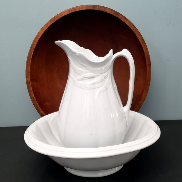Antique White Ironstone Pitcher and Basin Wheat Pattern Turner, Goddard & Co. England
