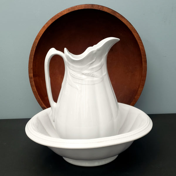 Antique White Ironstone Pitcher and Basin Wheat Pattern Turner, Goddard & Co. England