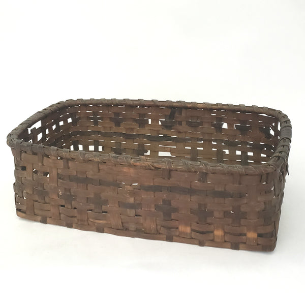 Antique Rustic Woven Wood Splint Basket Rectangular Form