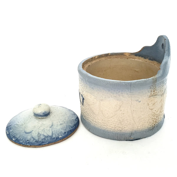 Antique Blue and White Glazed Stoneware Salt Crock Butterfly with Lid