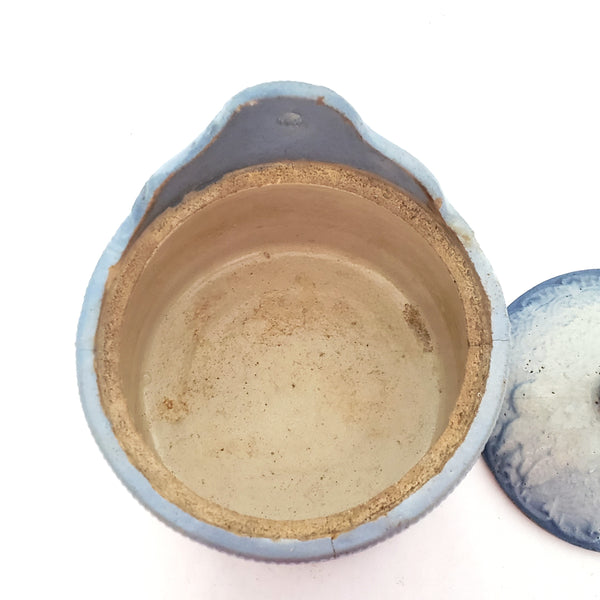 Antique Blue and White Glazed Stoneware Salt Crock Butterfly with Lid