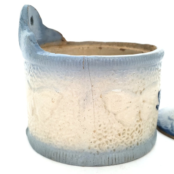 Antique Blue and White Glazed Stoneware Salt Crock Butterfly with Lid