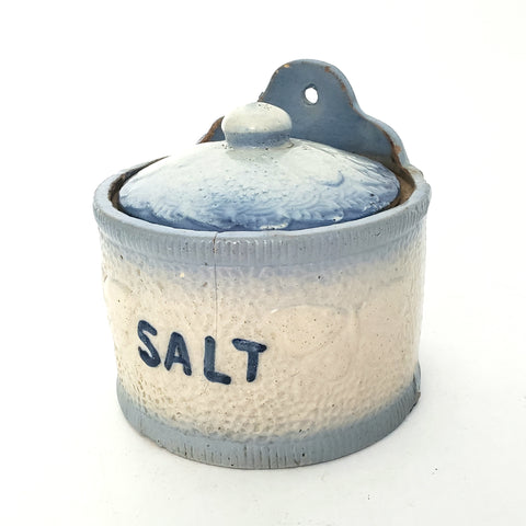 Antique Blue and White Salt Glazed Stoneware Salt Crock with Lid