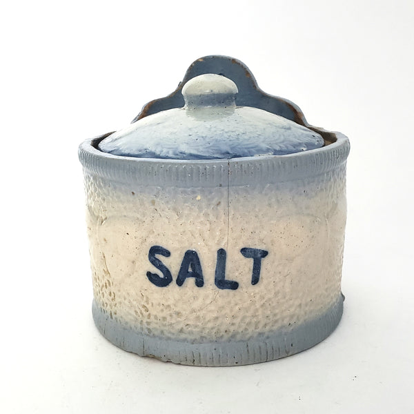 Antique Blue and White Glazed Stoneware Salt Crock Butterfly with Lid