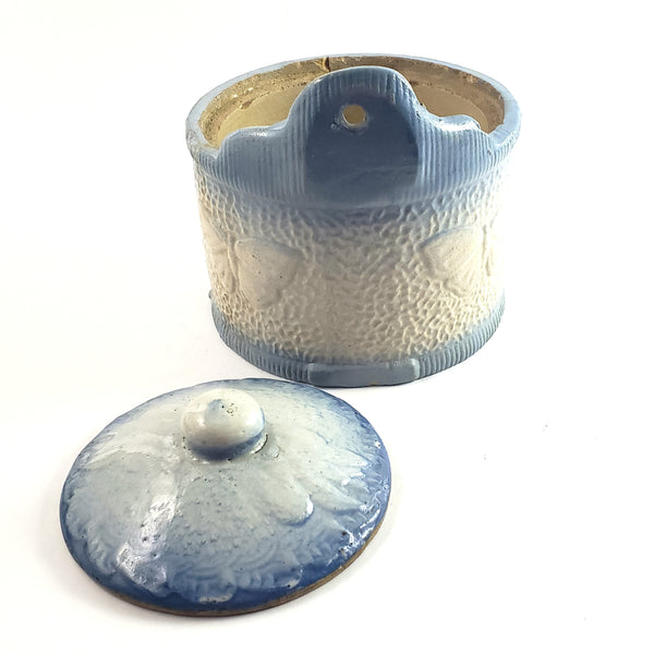 Antique Blue and White Glazed Stoneware Salt Crock Butterfly with Lid