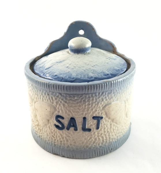 Antique Blue and White Glazed Stoneware Salt Crock Butterfly with Lid