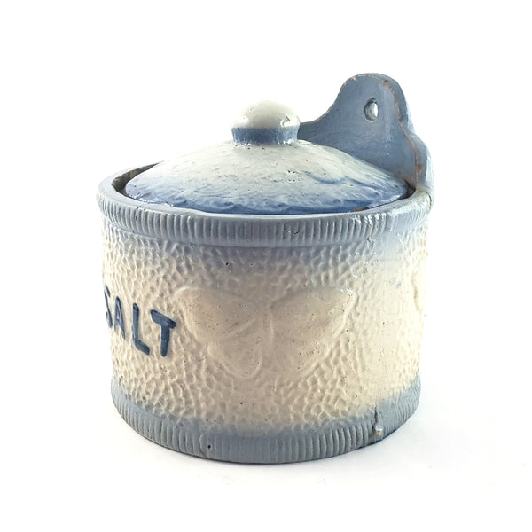 Antique Blue and White Glazed Stoneware Salt Crock Butterfly with Lid