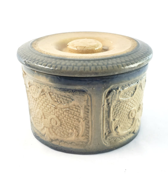 Antique Salt Glazed Stoneware Crock with Original Lid Draped Window Pattern