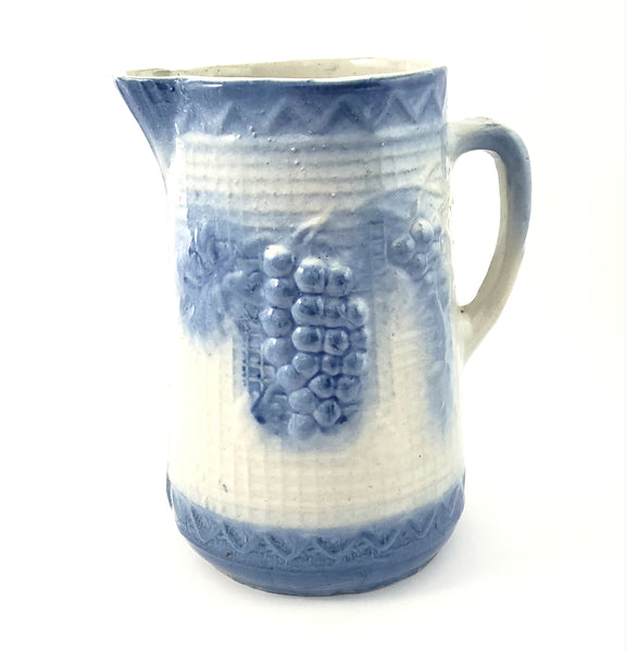 Antique Blue and White Salt Glaze Stoneware Pitcher Grapes with Rickrack