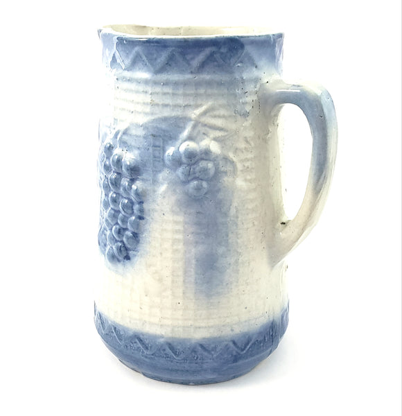 Antique Blue and White Salt Glaze Stoneware Pitcher Grapes with Rickrack