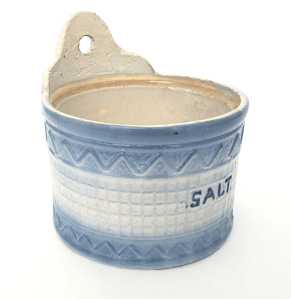 Antique Blue and White Stoneware Salt Crock Rickrack Waffle Missing Lid