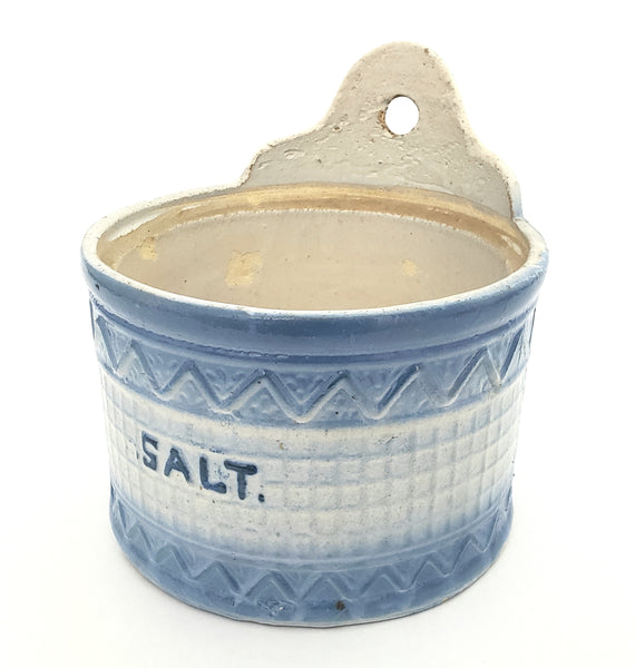 Antique Blue and White Stoneware Salt Crock Rickrack Waffle Missing Lid