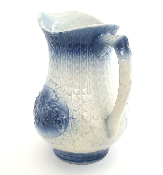 Large Antique Blue & White Salt Glazed Stoneware Pitcher 10" Floral