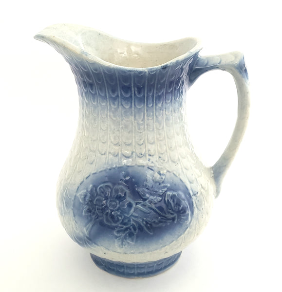 Large Antique Blue & White Salt Glazed Stoneware Pitcher 10" Floral