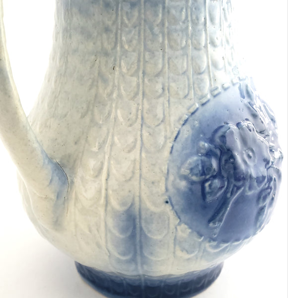 Large Antique Blue & White Salt Glazed Stoneware Pitcher 10" Floral