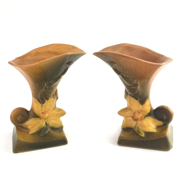 Roseville Pottery Cornucopia Vases Clematis Set of Two 190-6 