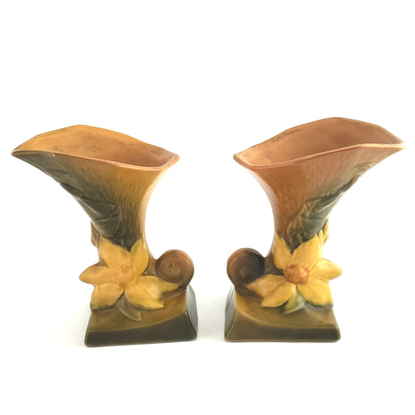 Roseville Pottery Cornucopia Vases Clematis Set of Two 190-6