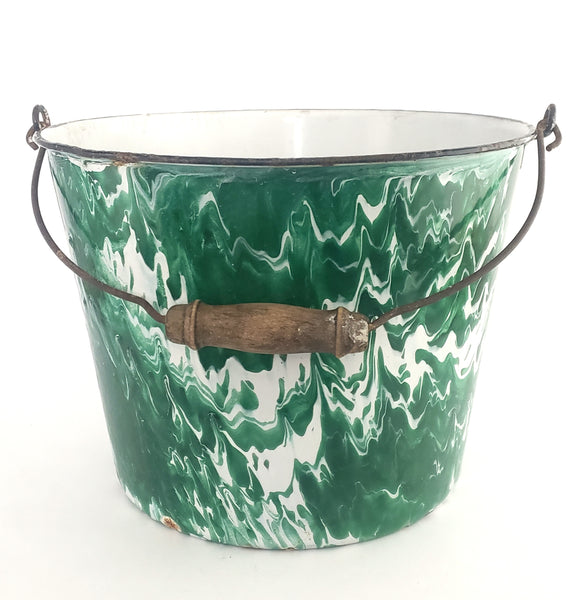 Antique Green & White Swirl Graniteware Pail Bucket Bail Handle Wood Grip