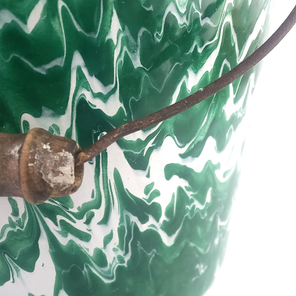 Antique Green & White Swirl Graniteware Pail Bucket Bail Handle Wood Grip