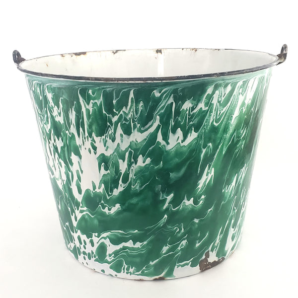 Antique Green & White Swirl Graniteware Pail Bucket Bail Handle Wood Grip